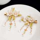 Chinese Hair Clips Girls Hanfu Hair Accessories Green Flower Hairpin Tassel Pearl Headpiece Ancient Party Barrette Head Jewelry