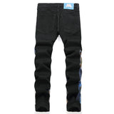 Men Camouflage Patches Stretch Denim Jeans Punk Black Slim Tapered Pants Streetwear Buttons Fly Holes Ripped Trousers