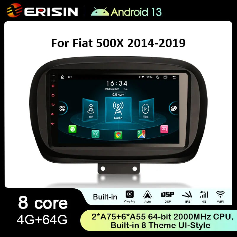 Erisin ES8950F IPS CarPlay Auto Android 13.0 Car Multimedia System For Fiat 500X Stereo GPS Navi DSP WiFi 4G LTE Bluetooth 5.0