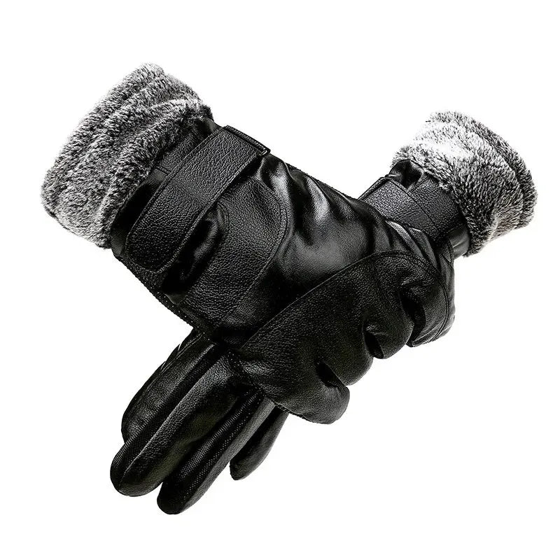 Leather Gloves Men's Winter Fleece Thickened Warm Touch Screen Windproof Waterproof Driving Motorcycle Riding Gloves Women's Win