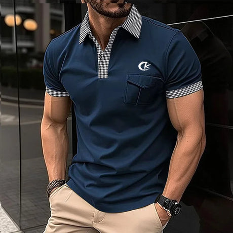 European and American men's casual short sleeved polo shirt Fashion bird plaid collar T-shirt Men's business breathable polo shi