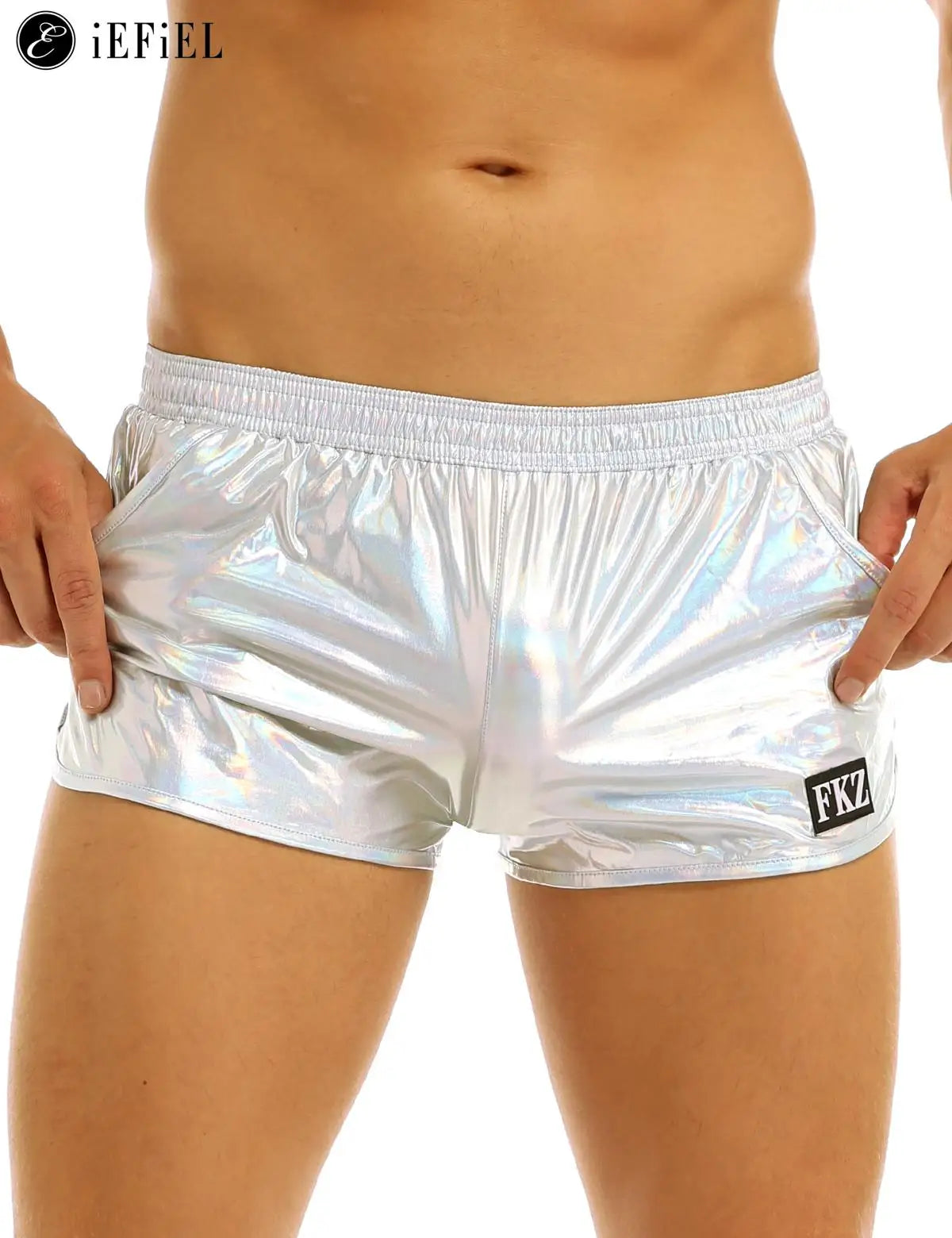 Mens Holographic Shiny Metallic Boxer Briefs Casual Loose Lounge Shorts Underwear Fashion Swim Trunks Bikini Swimwear