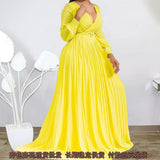 European and American oversized women's autumn new long sleeved chiffon pleated skirt fashion sexy dress