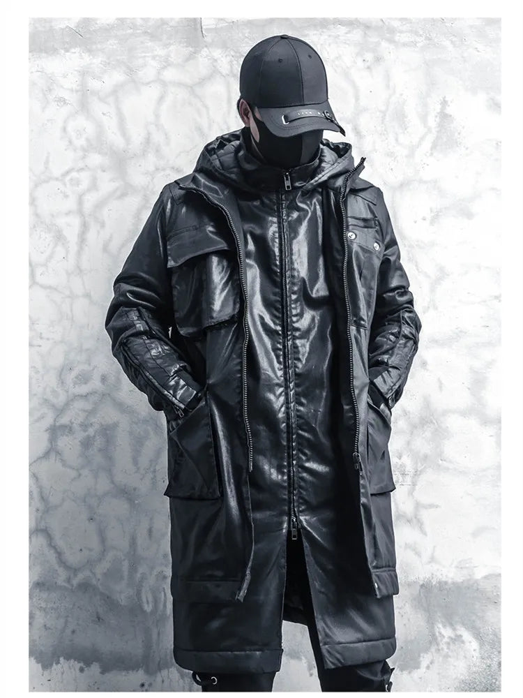 2024 High Quality Techwear Style Punk Hip Hop Winter Long Jacket Parkas Men Multifunction Fake Two Padded Coats Vintage Overcoat