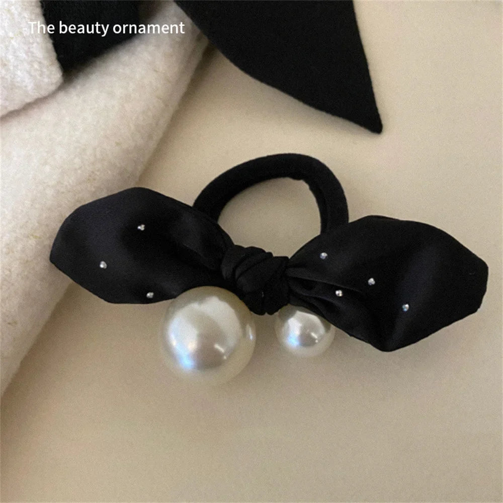 Fashion Seamless Black Hair Ties Rope Simple Pearl Beaded Ponytail Holders Rubber Band With Ribbon For Women Girls