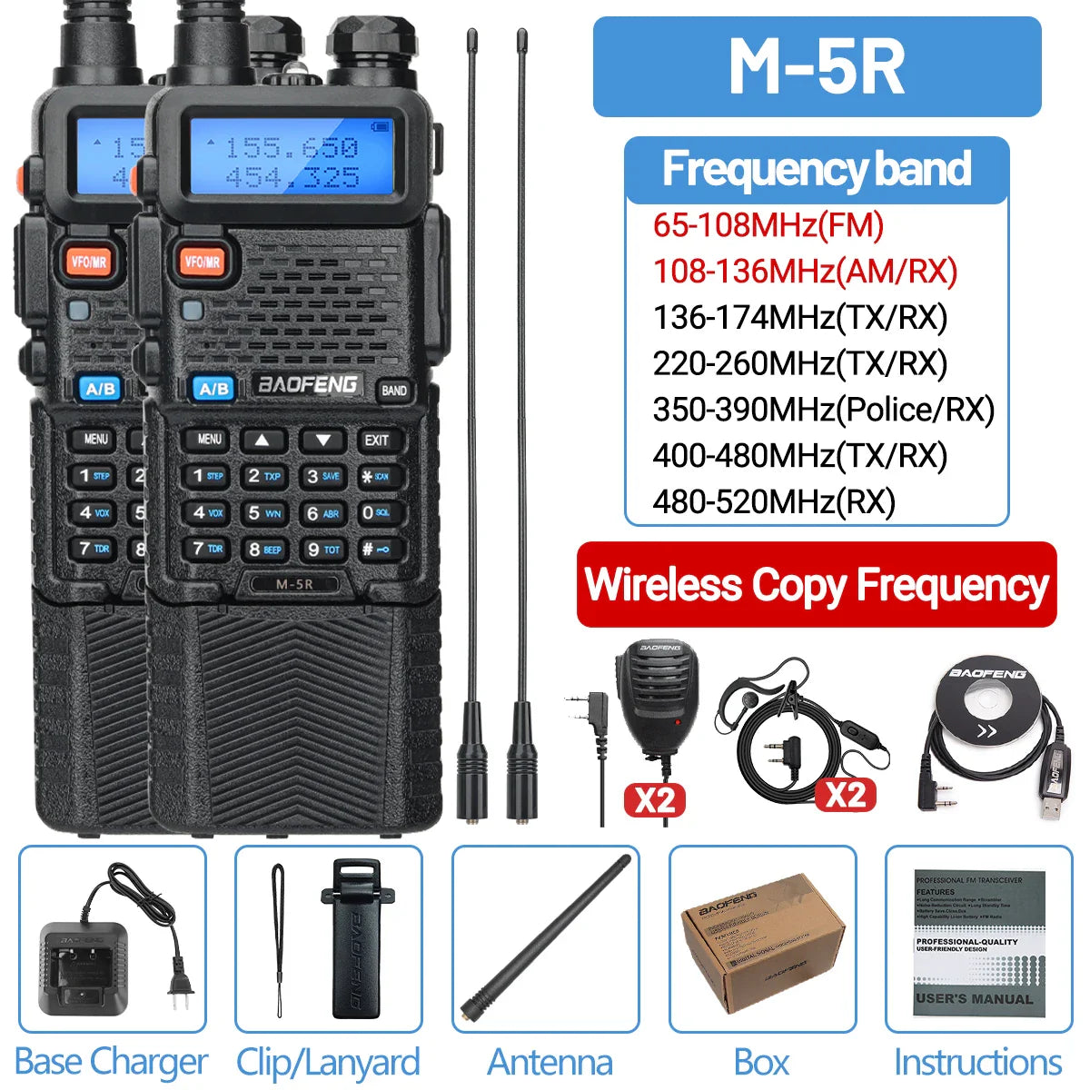 1/2PCS Baofeng M-5R Walkie Talkie Air Band 3800mAh Battery Wireless Copy Frequency Long Range AM  Ham UV-5R K5 Two Way Radio