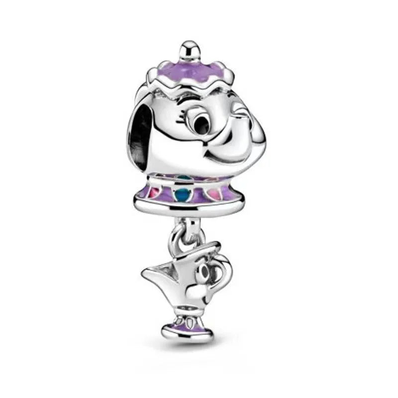 Fit Pandora Beauty and The Beast Charms Bracelet Kid Disney Purple Mrs. Potts Teapot Beads DIY Bijoux for Women Chip Cup Pendant