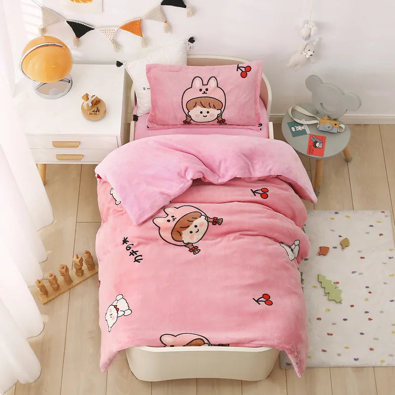 Baby Cartoon Print Bedding Set Duvet Covers Pillowcases Set Autumn Winter Warm Suede Bedclothes Bed Linen CP29