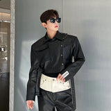 IEFB Spring Designer Short Denim Pu Leather Jacket Contrast Color 2023 Turn-down Collar Long Sleeve Male Coat Fashion 9A7435