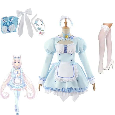 Anime Nekopara Vanilla Cosplay Wig Costume Maid Lolita Dress Blue Halloween Party Show Role Play Outfits For Girls