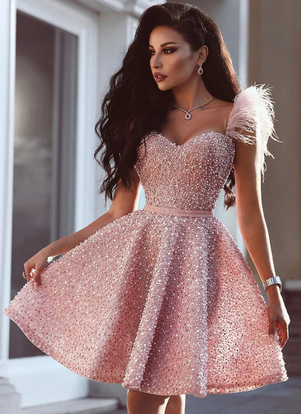 Luxury Pink Beaded Evening Dresses For Women 2023 Sweetheart With Feathers Formal Occasion Cocktail Wedding Prom Party Gowns