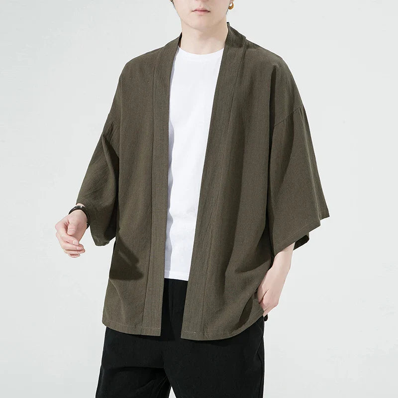 Men's Japanese Kimono Cardigan Loose Cotton Linen 3/4 Sleeve Open Front Casual Summer Shirt Jackets