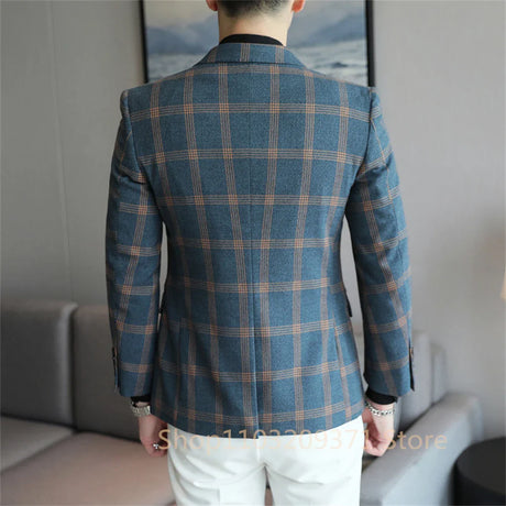 Top Quality Business Slim Fit Mens Plaid Blazer Jacket 2024 Spring Autumn Casual Blazers Men Groom Elegant Dress Suit Jacket