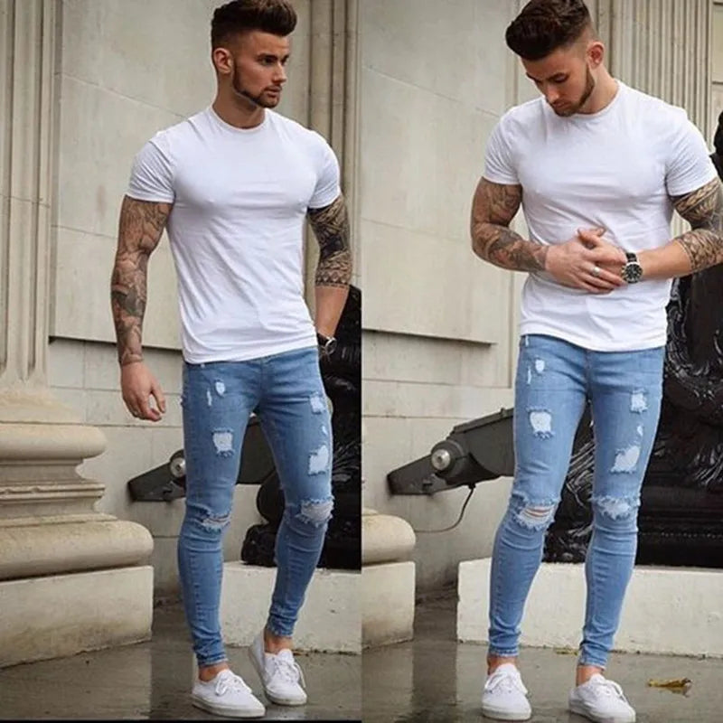 Men High street Stylish Ripped Skinny Pencil Jeans Men Solid color Slim Holes Simple style Casual Denim Pants