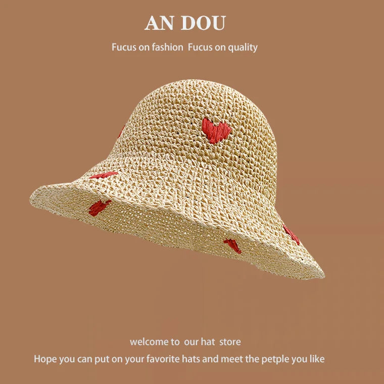 Spring Summer Korean Sweet Big Brim Straw Sun Hat Women Seaside Sunshade Sunscreen Straw Bucket Hat Basin Hat