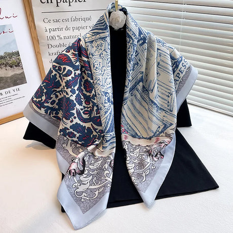 Luxury Women 90x90CM New Twill Silk Big Square Scarf Shawl Fashion Printed Design Summer High Quality Ladies Sunscreen Scarves