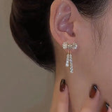 Korean Trendy Bow Crystal Drop Earrings For Women 2024 Luxury Sparkling Cubic Zirconia Long Tassel Earrings High Jewelry Gifts