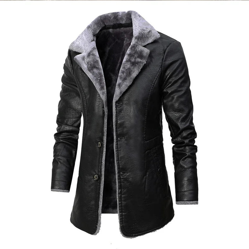 Men Winter Long Thick Fleece PU Leather Jacket Mens Streetwear Casual Business Clothing Porcket Leather Jackets Coat Outwear Men