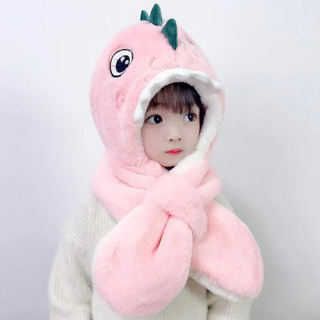 Doitbest Cartoon Dinosaur Children Winter Hats Beanies Set Kids Child Knitted Fur Hat Scarf One-piece Boys Girls Earflap Caps