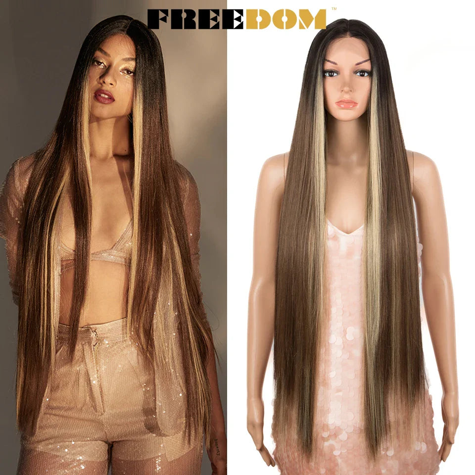 FREEDOM Synthetic Lace Front Wigs For Women Super Long 38Inch Ombre Blonde Highlight Ginger Straight Lace Wigs Cosplay Wigs