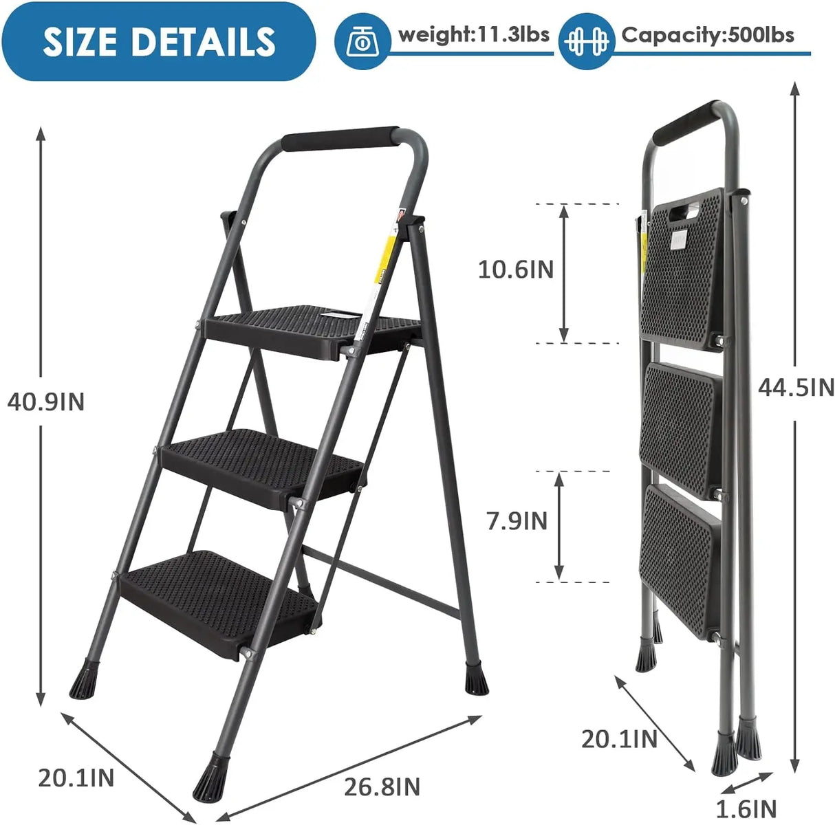 3 Step Ladder, GOLYTON Folding Step Stool with Anti-Slip Wide Pedal & Convenient Handgrip, 500lbs Capacity Steel Ladder