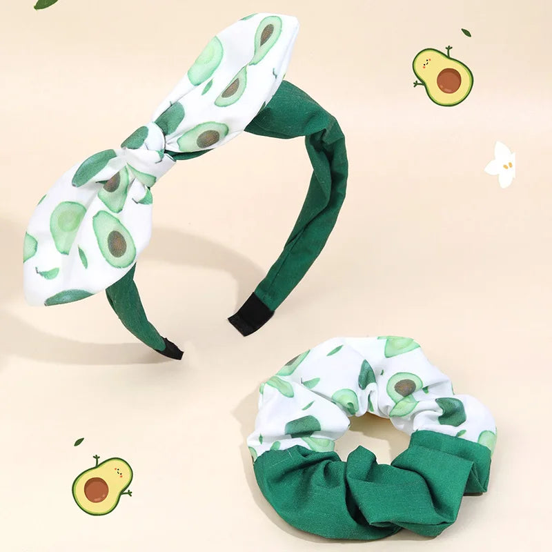 ncmama 2Pcs New Avocado Print Hairbands For Kids Girls Cute Strawberry Headband Elastic Rubber Scrunchies Women Ponytail Holder