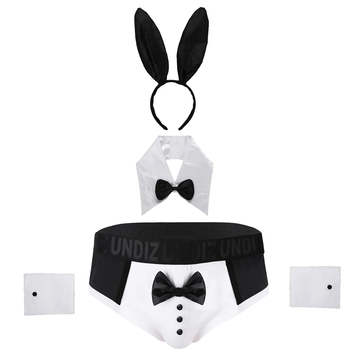 Mens Waiter Tuxedo Lingerie Sexy Cosplay Costume Role Play Uniform See Through Briefs Underwear with Bunny Ears Headband Collar