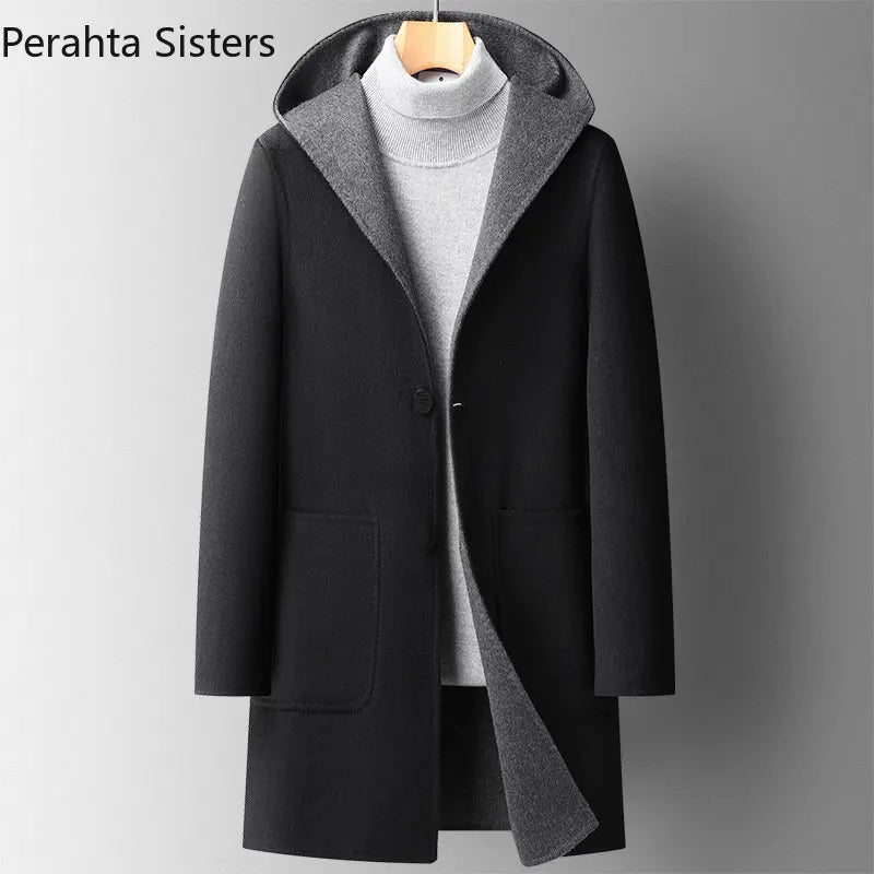 Luxury Top Quality Double-sided Wool Trench Coat For Men Autumn Winter Fashion Mid-length Hooded Woolen Long Coat Man Clothing