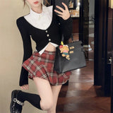 Spicy Girls Uniform Set Women Team Uniform Spring Academic Style Polo Neck Sexy Mini High Waist Plaid Culottes Skirt Red Plaid