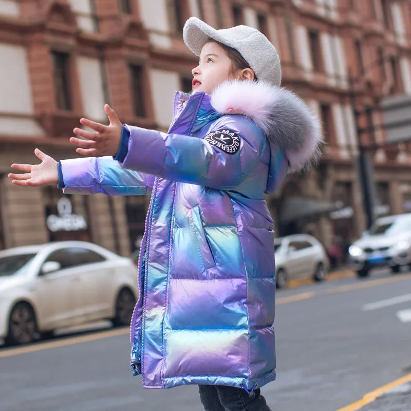 3-14 Years Old Winter Boys Girls Jacket Long Style Hooded Fur Collar Colorful Heavy Coat For Kids Children Outerwear