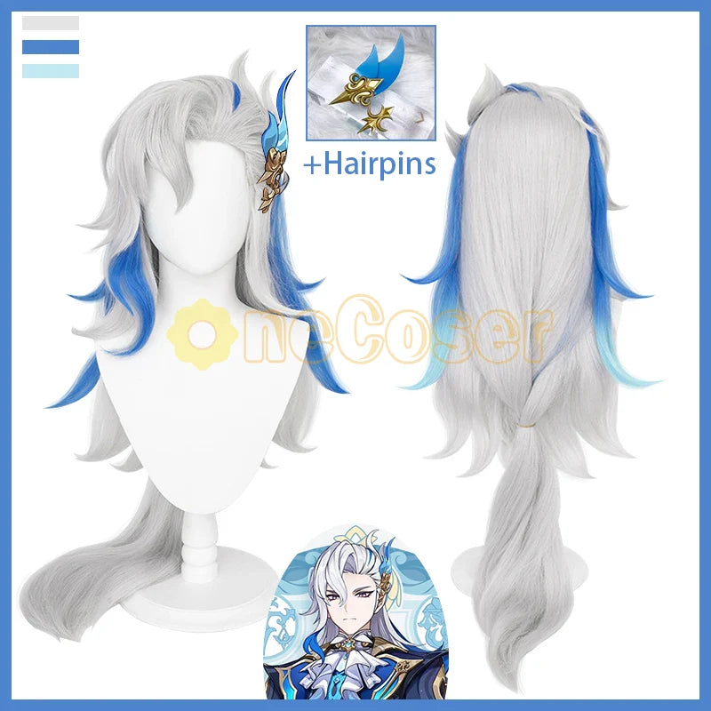 Neuvillette Cosplay Wig Game Genshin Impact Gray Mix Blue Hair Haipins Fontaine Heat-resistant Fiber Hair + Wig Cap Halloween