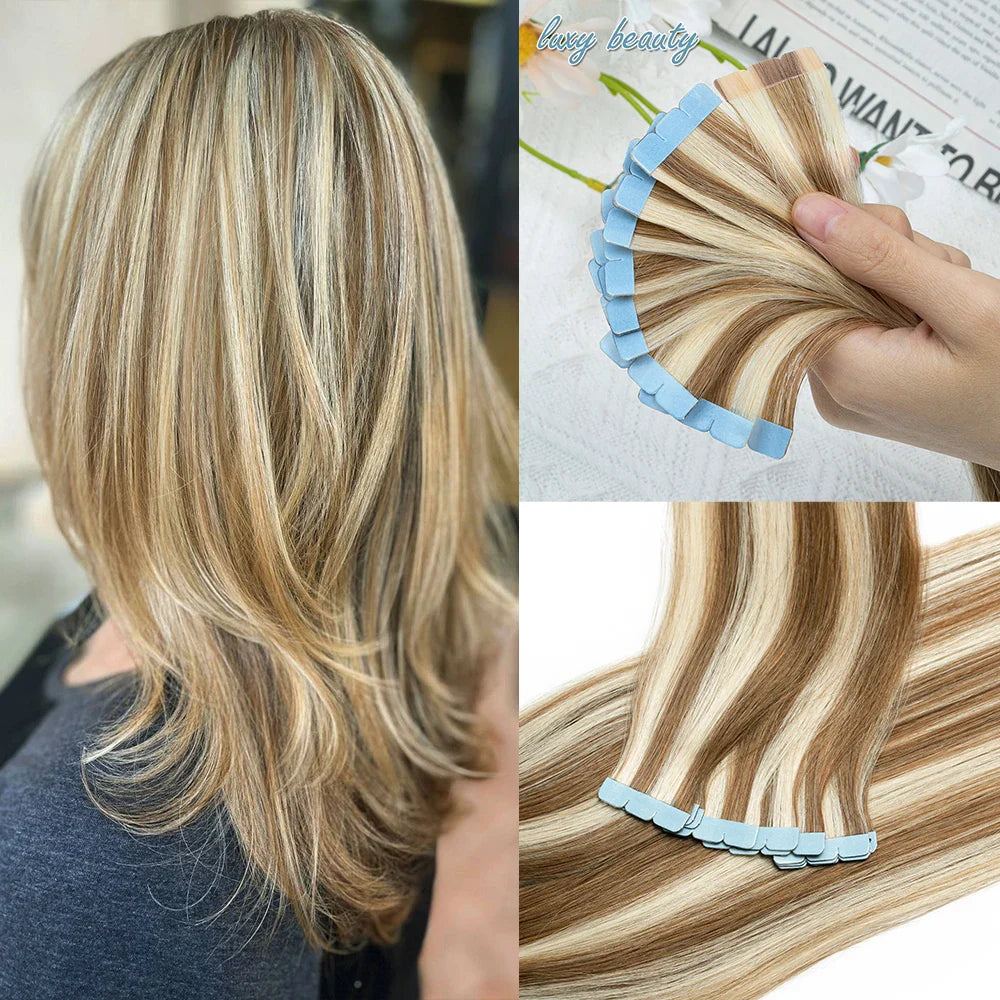 Mini Tape in Human Hair Extensions Double Side Invisible Seamless Tape in Hair 10pcs/set Natural Straight Black Brown Blonde