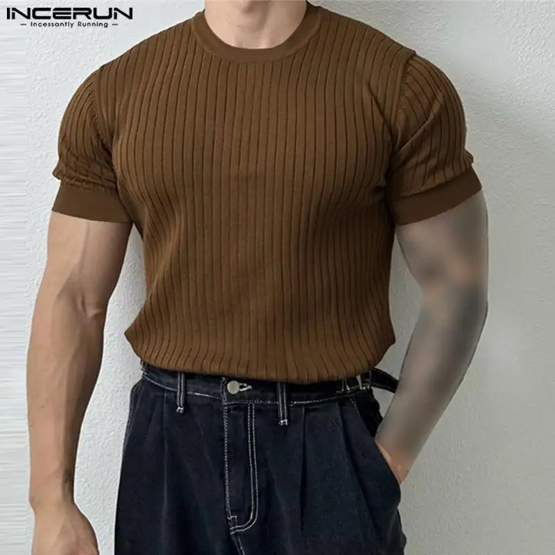 INCERUN Men T Shirt Solid Color Striped O-neck Short Sleeve Streetwear Casual Men Clothing Summer 2023 Fitness Fashion Tee Tops