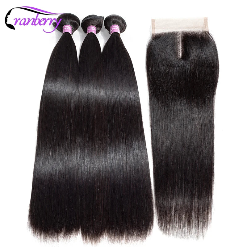 Cranberry  Straight Hair Bundles With Closure 100% Remy Peruvian Human Hair Bundles With Closure Middle Part 4x4 Lace Closure