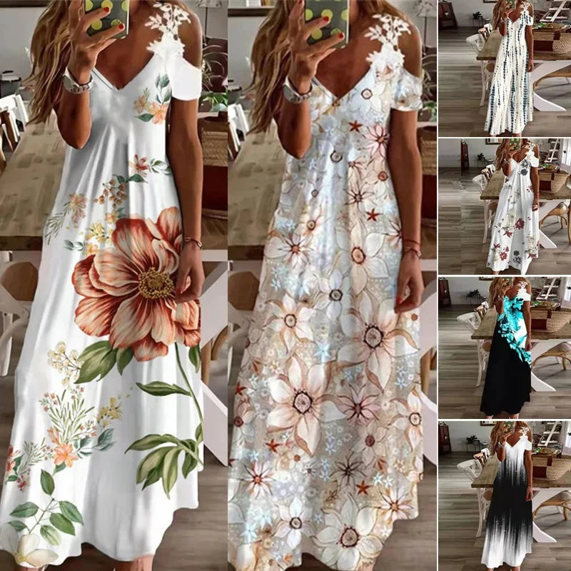 Plus Size Women Floral Print Maxi Dress Boho Lace Sling Hollow Out Long Dress Casual Loose V-Neck Beach Party dress Vestidos