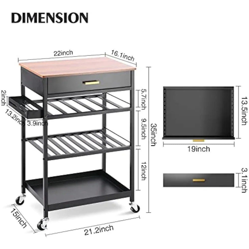 TOOLF Kitchen Island Cart with Drawer, Rolling Kitchen Service Cart with Tabletop, Storage Trolley Cart for Kitchen, Dining Room