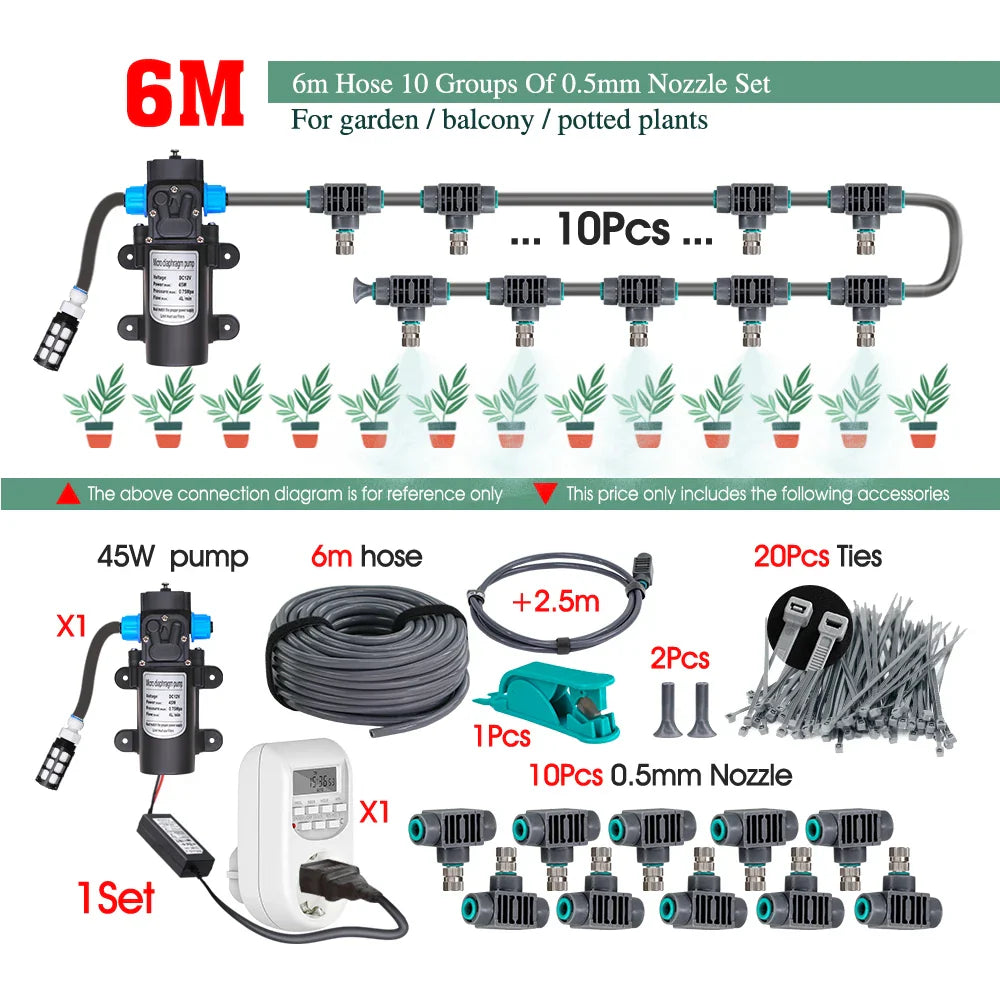 0.5MM Adjustable Spray Nozzle Automatic Irrigation Equipment 45W Pump Timer Fogging Kit for Garden Plants Misting Cooling System