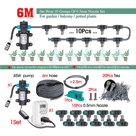 0.5MM Adjustable Spray Nozzle Automatic Irrigation Equipment 45W Pump Timer Fogging Kit for Garden Plants Misting Cooling System