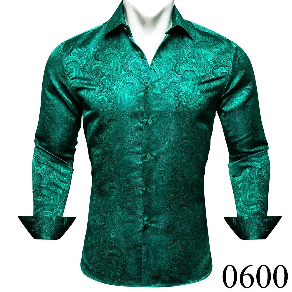 Luxury Silk Shirts for Men Green Paisley Long Sleeved Embroidered Tops Formal Casual Regular Slim Fit Blouses Anti Wrinkle 615