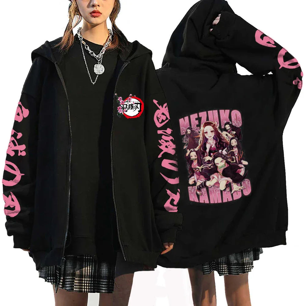 Demon Slayer Japan Anime Women Hoodies Kamado Nezuko Plus Size Autumn Zipper Jackets Pullover Hooded Girl Zip Up Sweatshirt