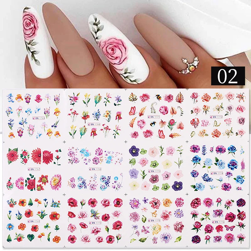 12 Designs Nail Stickers Set Mixed Floral Geometric Nail Art Water Transfer Decals Sliders Flower Leaves Manicures Decoration