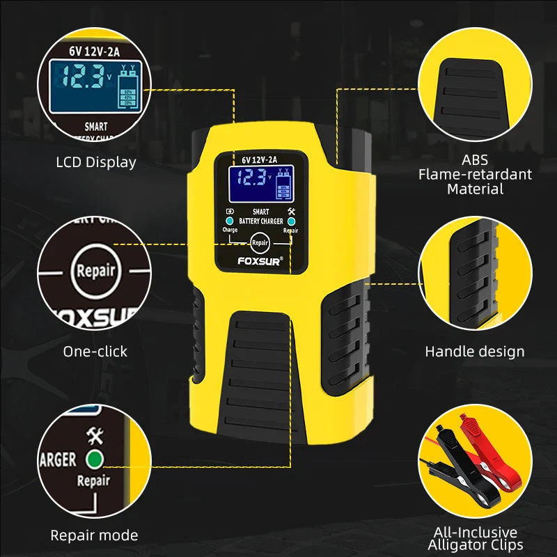 FOXSUR Intelligent Automotive Battery Charger 6V 12V Car Motorcycle Trucks AGM Lead-Acid Automatic Repair Desulfator Accessories