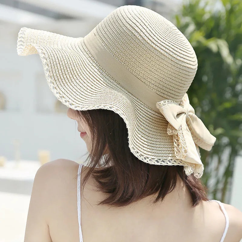 Spring and Summer Women's Sun Straw Hat Sun Shaded Big Brim Bamboo Hat Bowknot Fashion Fisherman Hat Outdoor H28