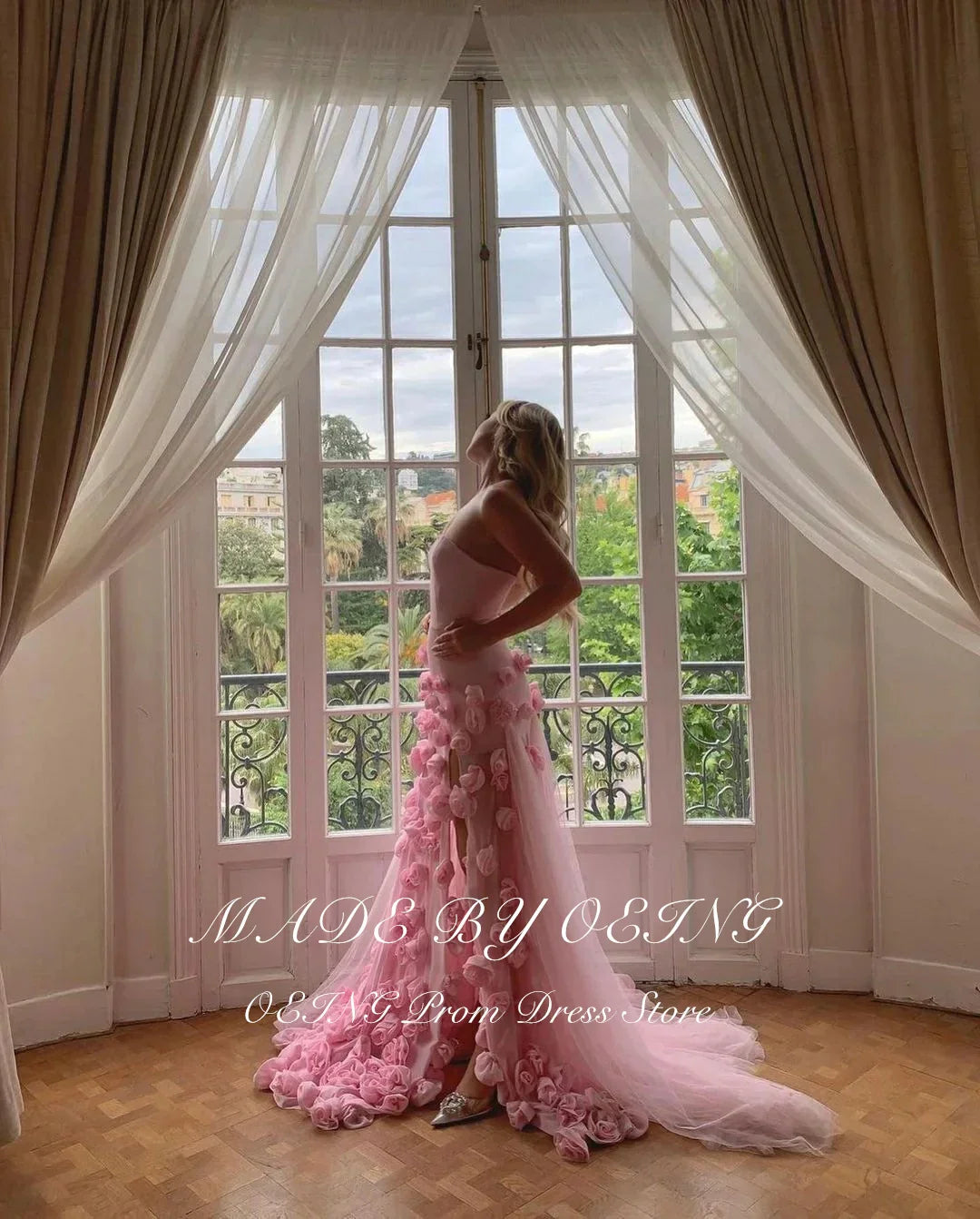 OEING Elegant Baby Pink Evening Dress Floor Length Tiered Pleated Tulle Prom Dresses Vestidos De Noche For Formal Occasion Gala