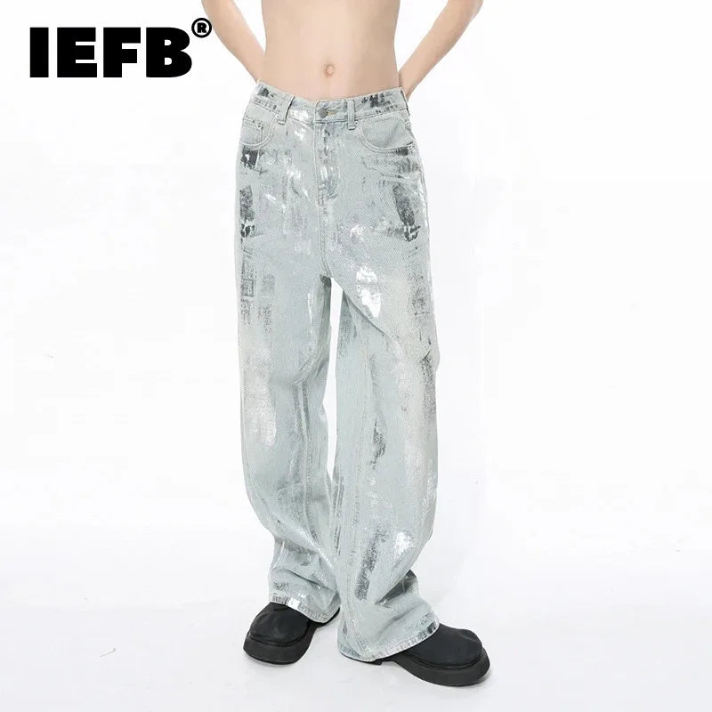 IEFB Men Clothing Spring New Jeans American High Street Hip Hop Hand Brushed Silver Male Straight Pants Loose 2024 Spring 9C5098