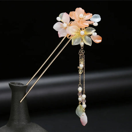 Vintage Tassel Hair Stick Chopsticks For Women Chinese Hanfu Hair Accessories Fringe Pearl Floral Hairpin Forks Metal Jewelry