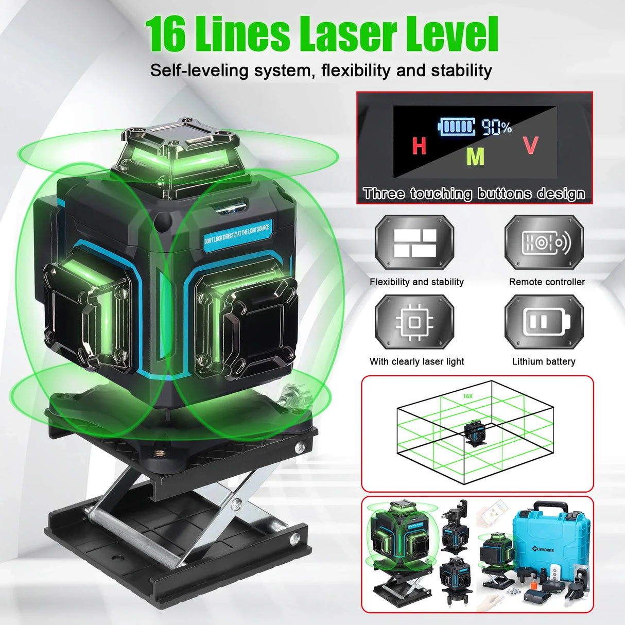 Geevorks Multifunctional 16 Lines 4D Laser Level 360° Self-leveling Machine Rechargeable Li-ion Battery Leveling Tool Waterproof