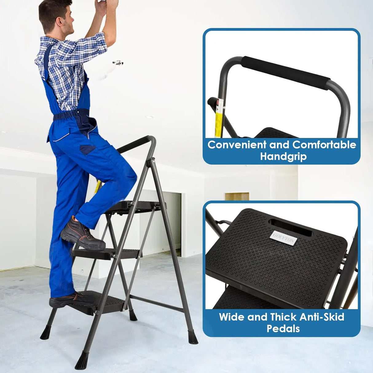 3 Step Ladder, GOLYTON Folding Step Stool with Anti-Slip Wide Pedal & Convenient Handgrip, 500lbs Capacity Steel Ladder