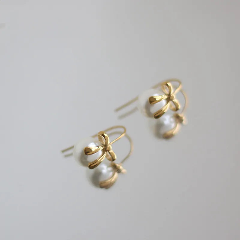 French Temperament Bow Ribbon Imitation Pearl Earrings  for Women Girl Stainless Steel Plated 18K Gold Jewelry Wholesale