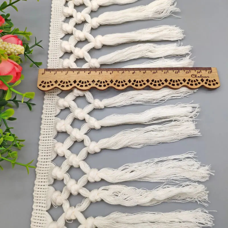 5M Beige Cotton Fringe Lace Ribbon DIY Apparel Sewing Fabric Home Textile Curtain Decor Tape 13CM Wide Handmade Crafts Tassel